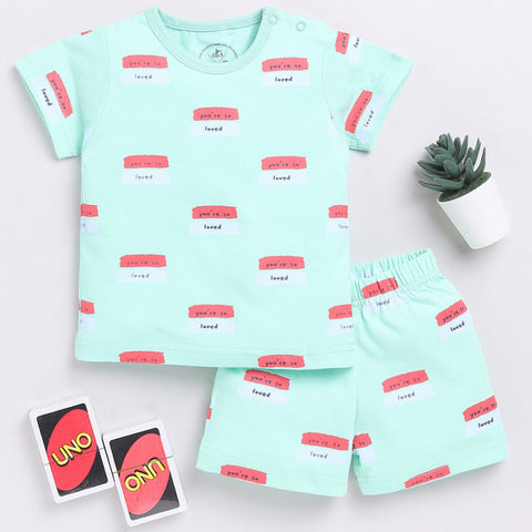 Green Typographic T-Shirt With Shorts Cotton Night Suit